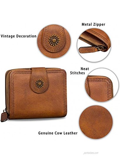 Bifold Leather Wallets for Women Vintage Handmade Small Clutch Short Purse with Zip