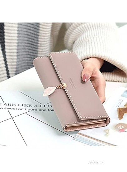 CALIYO Wallets for Women PU Leather Leaf Women Wallet Large Capacity Pendant Card Holder Phone Checkbook，Wallets Women Coins Zipper Pocket with ID Window,Old Rose