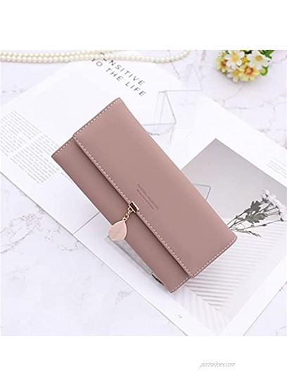 CALIYO Wallets for Women PU Leather Leaf Women Wallet Large Capacity Pendant Card Holder Phone Checkbook，Wallets Women Coins Zipper Pocket with ID Window,Old Rose