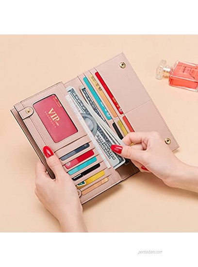 Cnoles Genuine Leather Wallet for Women Large Capacity Wristlet Bifold Ladies Purse Multi Card Organizer Pink