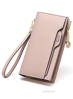 Cnoles Genuine Leather Wallet for Women Large Capacity Wristlet Bifold Ladies Purse Multi Card Organizer Pink