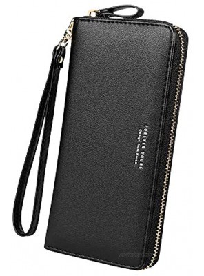 Cynure Women's Large Leather Card Organizer Zipper long wristlet Checkbook Clutch Wallet  Black