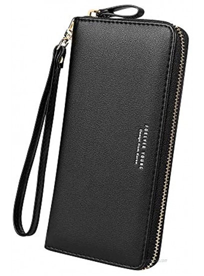 Cynure Women's Large Leather Card Organizer Zipper long wristlet Checkbook Clutch Wallet Black