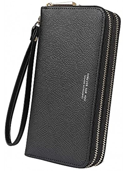 Cynure Women's Large Zipper Card Organizer Long Leather Wristlet Clutch Wallet for Ladies Black