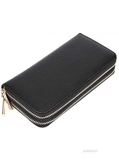 Cynure Women's Large Zipper Card Organizer Long Leather Wristlet Clutch Wallet for Ladies Black