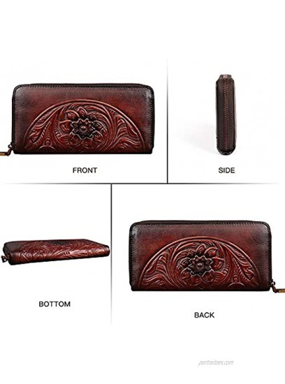 Genuine Leather Wallet for Women,Retro Purse Zipper Smartphone Holder Embossing Totem…