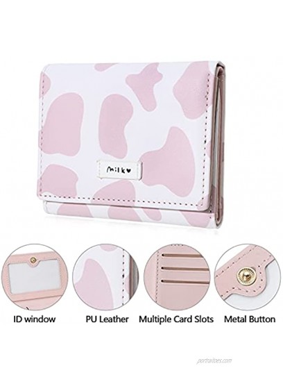 Girls Cute Cow Print Tri-folded Key Case Wallet PU Leather Cartoon Small Wallet Cash Pocket Card Holder ID Window Purse Coin Purse Money Small Short Wallet pink
