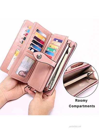 HUANLANG Women Wallets Large Ladies Leather Wallet with Coin Pocket RFID Wallet Organizer for Women with Wrist Strap Pink