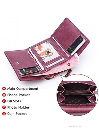 LAORENTOU Genuine Leather Zipper Wallets for Women Small Trifold Wallets for Women Pocket Wallet with Zipper Women Cardholder Coin Purses Purple