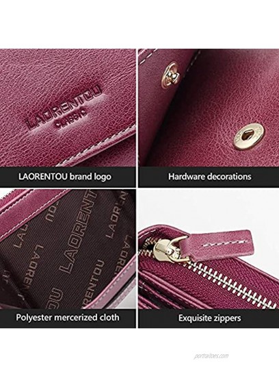 LAORENTOU Genuine Leather Zipper Wallets for Women Small Trifold Wallets for Women Pocket Wallet with Zipper Women Cardholder Coin Purses Purple