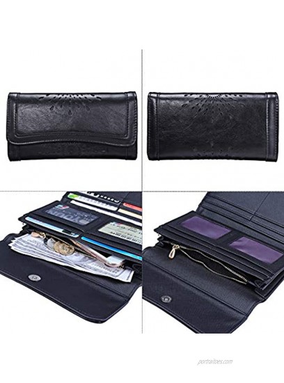 Trifold Wallet Clutch for Women OB OURBAG Soft PU Leather Purse with Money Organizer Card Holder Ladies Hollow Out Sunflower Design Long Wallet with Gift Box