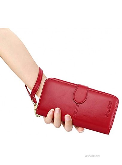 Women Wallet RFID Blocking Leather Credit Card Holder Bifold Clutch Wallet Large Capacity Long Purse with Strap