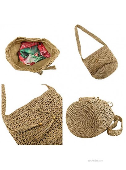 Ayliss Women Beach Handbag Straw Crossbody Shoulder Handbag Summer Beach Handmade Woven Bucket Bag Drawstring with Tassel