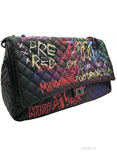 Color Graffiti Printed Shoulder Big Quilted Bags Fashion Large Travel Bags Women Luxury Chain Handbags Large sizeBlack