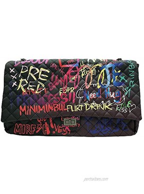 Color Graffiti Printed Shoulder Big Quilted Bags Fashion Large Travel Bags Women Luxury Chain Handbags Large sizeBlack