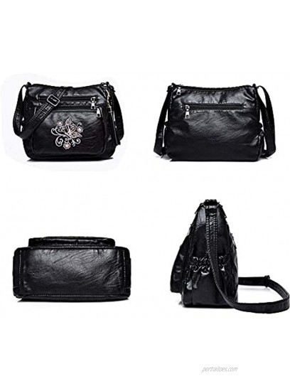 ELDA Embroidered Crossbody Bags For Women Print Pocketbooks Soft PU Leather Purses and Handbags Multi Pocket Shoulder Bag