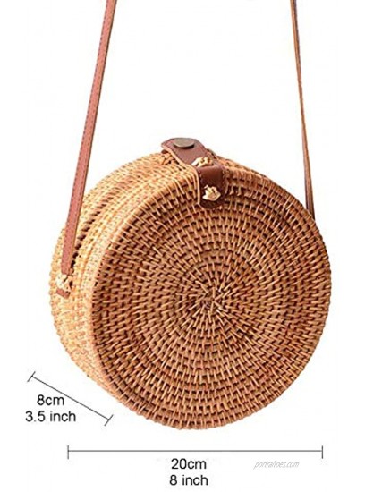 Handwoven Round Rattan Bag Tropical Beach Style Woven Shoulder Rattan Bag with Leather Strap