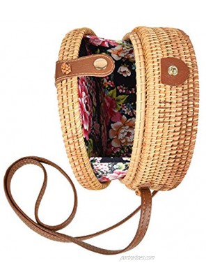 Handwoven Round Rattan Bag Tropical Beach Style Woven Shoulder Rattan Bag with Leather Strap