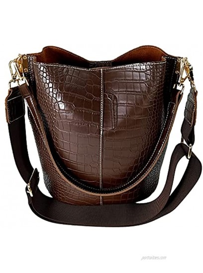 Hirooms Women retro design shoulder bag crocodile leather large capacity bucket handbag