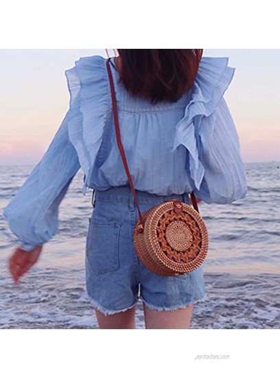 Round Rattan Bag for Women Straw Bag Handwoven Beach Bohemian Shoulder Purse