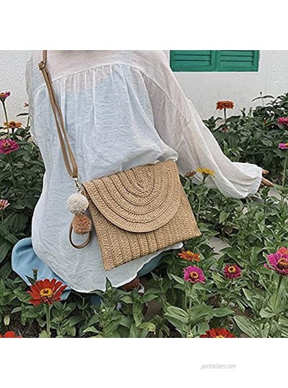 Straw Shoulder Bag Clutch Women Hand-woven PomPom Straw Crossbody Bag Summer Casual Beach Envelope Purse Wallet