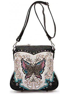 Western Style Butterfly Tooled Leather Women Purse Cross Body Handbag Concealed Carry Single Shoulder Bag
