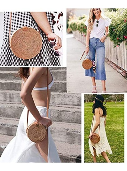 zixijiaju Round Rattan Bags Women Round Handwoven Straw Bag Leather Crossbody Shoulder Strap Handbag Summer Beach Bag Bamboo Type-1