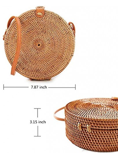zixijiaju Round Rattan Bags Women Round Handwoven Straw Bag Leather Crossbody Shoulder Strap Handbag Summer Beach Bag Bamboo Type-1