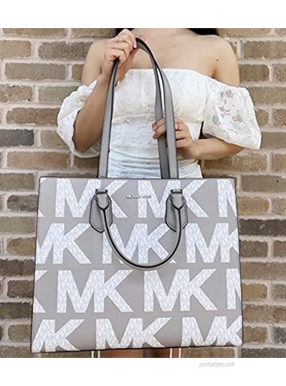 Michale Kors Everlyn XL Large Satchel Convertible Tote Graphic Logo Bright White MK Grey Signature
