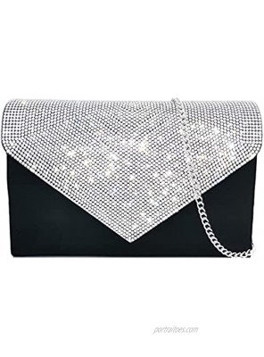 Black Clutch Purses for Women Wedding Prom Party Faux Suede Diamante Crossbody Shoulder Formal Vintage Bride Envelop Evening Bag Handbag