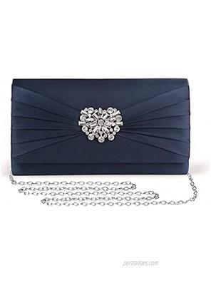 Mulian LilY Evening Bags For Women Pleated Satin Rhinestone Brooch Prom Clutch Purse With Detachable Chain Strap
