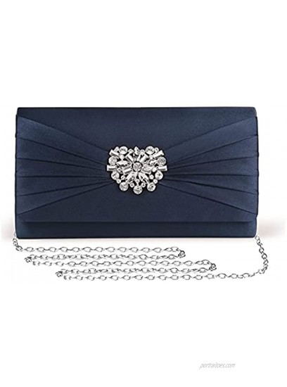 Mulian LilY Evening Bags For Women Pleated Satin Rhinestone Brooch Prom Clutch Purse With Detachable Chain Strap