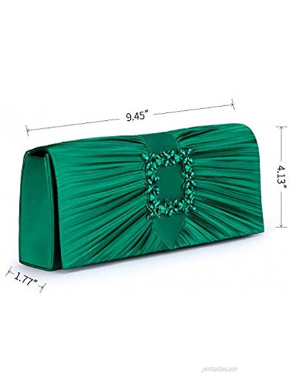 Mulian LilY Women Pleated Satin Rhinestone Brooch Evening Bags Prom Clutch Purse With Detachable Chain Strap