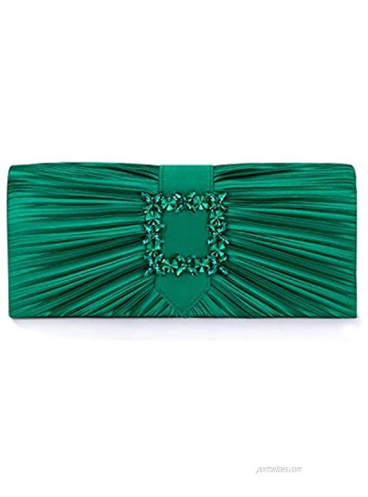 Mulian LilY Women Pleated Satin Rhinestone Brooch Evening Bags Prom Clutch Purse With Detachable Chain Strap