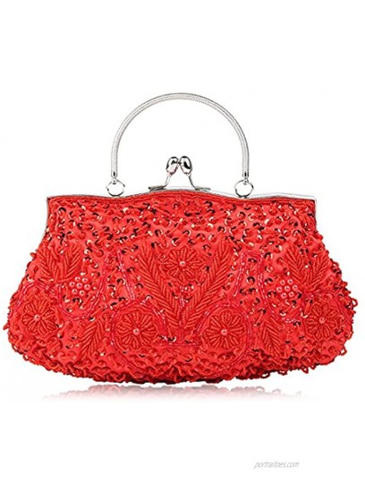 SSMY Beaded Sequin Design Flower Evening Purse Large Clutch Bag red
