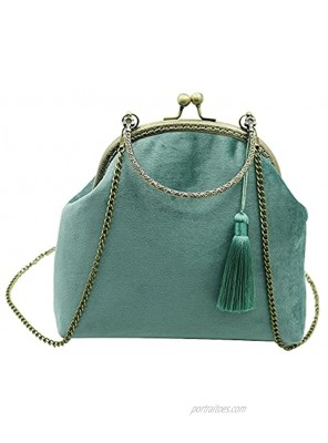 Women Evening Handbag Velvet Kiss Lock Clutch Purse Bag with Chain for Party Wedding