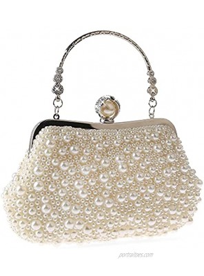 Women Pearl Evening Bag Bride Beaded Clutch Purse Cream White for Wedding Party
