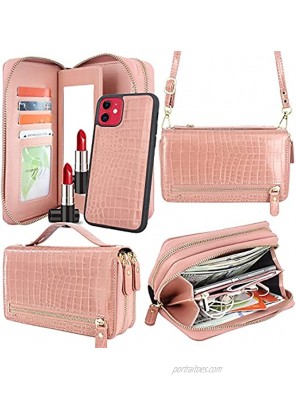 Harryshell Compatible with iPhone 11 6.1 inch 2019 Case Wallet Multi Zipper Detachable Magnetic Cover Clutch Purse Bag with Card Slots Mirror Crossbody Shoulder Chain Lanyard Crocodile Rose Gold