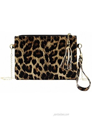 JUMISEE Women Leopard Print Wristlet Clutch Purse Fashion Tassel Crossbody Bag with Chain Strap