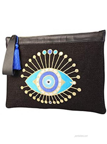 KarensLine Handmade Evil Eye Embroidery Black Jute Clutch Bag Sun Beach Summer Style Medium