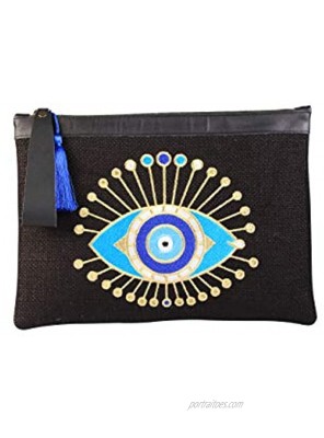 KarensLine Handmade Evil Eye Embroidery Black Jute Clutch Bag Sun Beach Summer Style Medium