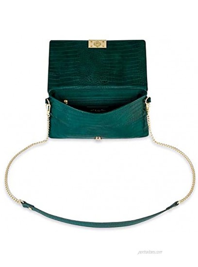 Katie Loxton Faux Crocodile Womens Vegan Leather Adjustable Convertible Crossbody Fold Over Clutch Forest Green