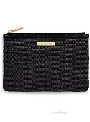 Katie Loxton Womens Medium Straw and Vegan Leather Pouch Clutch in Black
