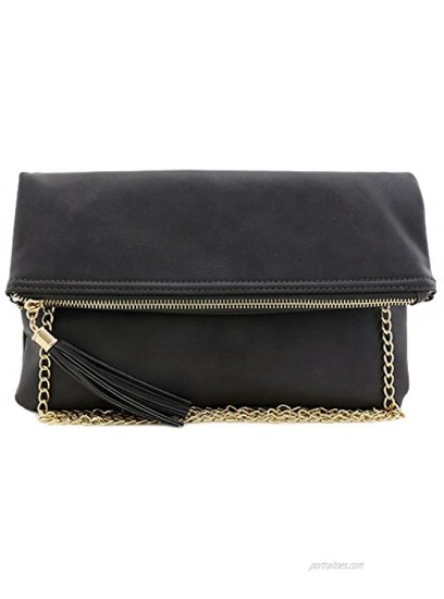 Large Tassel Accent Flapover Clutch Purse with Chain Strap
