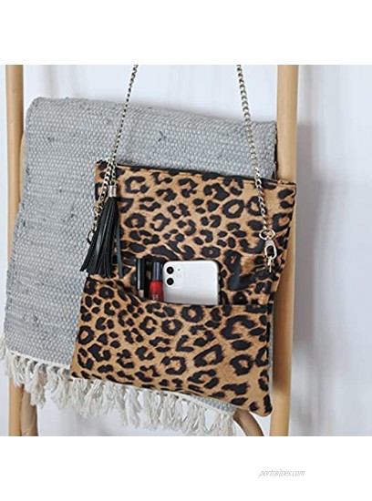 Leopard Zipper Foldover Clutch Envelope Purse Women Cross body Bag with Chain Strap
