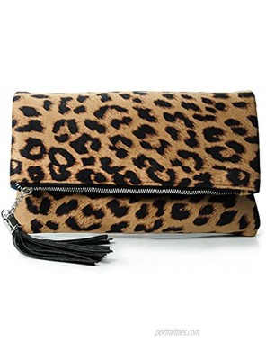 Leopard Zipper Foldover Clutch Envelope Purse Women Cross body Bag with Chain Strap