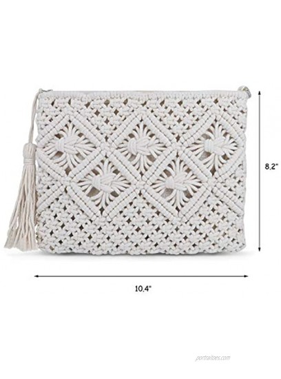 QTKJ Women's Summer Beach Straw Crochet Clutch Bag Woven Envelope Tassel Bag with Zipper White