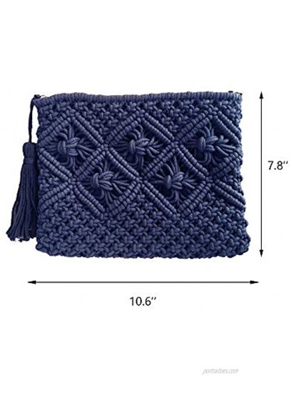 QTKJ Women's Summer Beach Straw Crochet Clutch Bag Woven Envelope Tassel Bag with Zipper Blue
