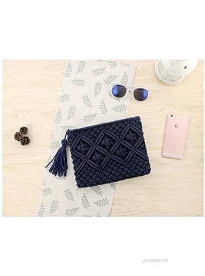 QTKJ Women's Summer Beach Straw Crochet Clutch Bag Woven Envelope Tassel Bag with Zipper Blue