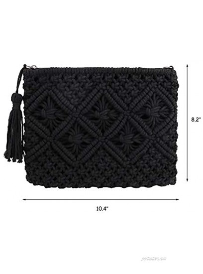QTKJ Women's Summer Beach Straw Crochet Clutch Bag Woven Envelope Tassel Bag with Zipper Black